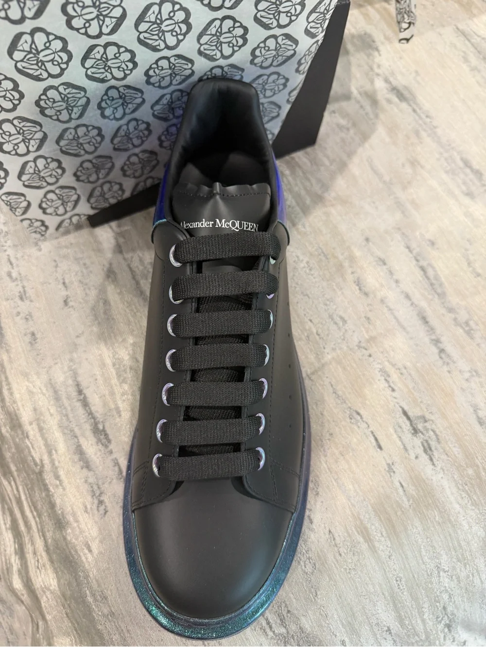 Alexander McQueen Black Sneakers with Iridescent Blue-Green Heel